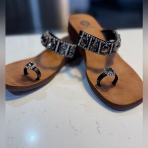 Yellow Box Leather Upper Rhinestone Embellished Sandals Boho chic Women Size 8.5